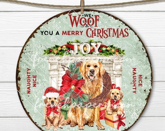 Christmas Golden Retriever Circle Sublimation Fireplace Puppies Present Gifts Dog Lover DIY Sign Making Wreath Accent Home Decor Digital 8x8