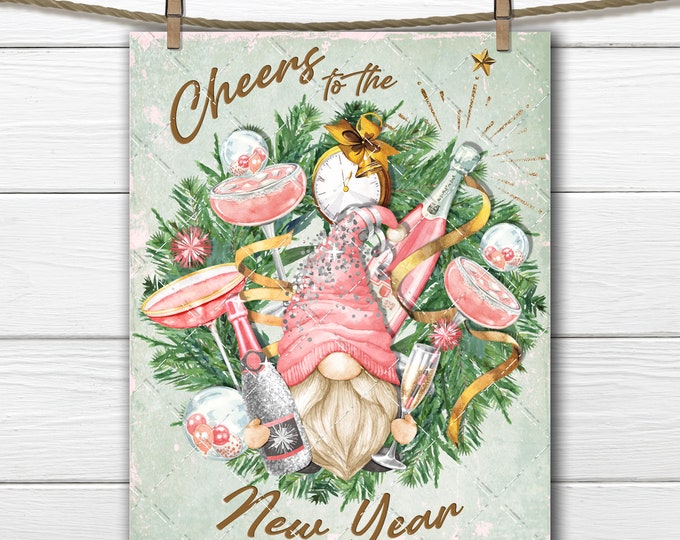 New Year Gnome Pink Champagne Sparkling Wine DIY Sign Making Fabric Transfer Wreath Accent Tiered Tray Home Decor Sublimation Digital Print