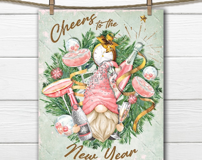 New Year Gnome Pink Champagne Sparkling Wine DIY Sign Making Fabric Transfer Wreath Accent Tiered Tray Home Decor Sublimation Digital Print