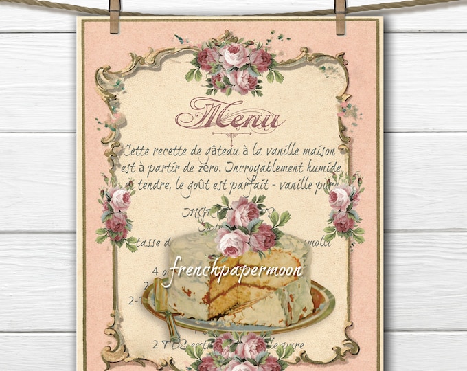 Printable Shabby French Cake, Vanilla Cake, French Recipe, Large Size, Fabric transfer, Instant Download Graphic