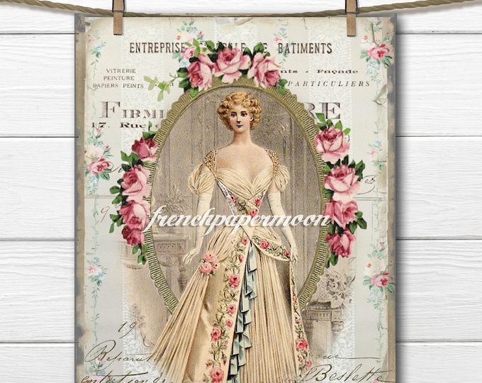 Digital Victorian Fashion Plate, French Graphics, Vintage Florals, Instant Download Transfer Graphic, Craft Supply