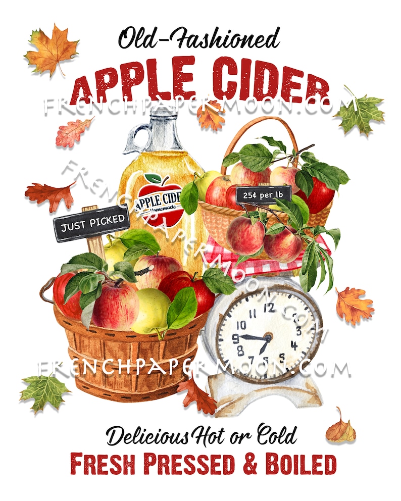 May include: A watercolor illustration of a vintage apple cider stand with a basket of red apples, a glass jar of apple cider, and a scale with a clock face. The sign reads "Old-Fashioned Apple Cider" and "Just Picked". The text "Delicious Hot or Cold Fresh Pressed & Boiled" is at the bottom of the image.