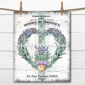 French Lavender Wreath Printable, Herbs, Provence, French Herbs, Heart Lavender Wreath, French Pillow Image, Fabric Transfer, Lavender Pot