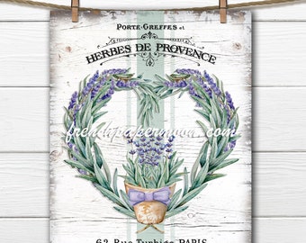 French Lavender Wreath Printable, Herbs, Provence, French Herbs, Heart Lavender Wreath, French Pillow Image, Fabric Transfer, Lavender Pot