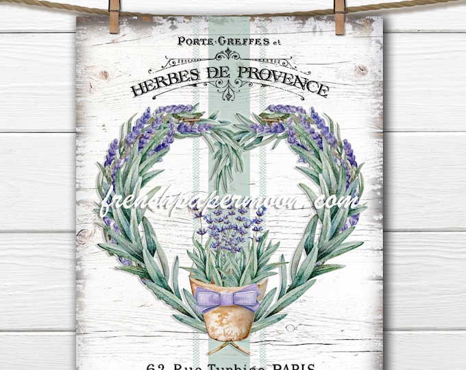 French Lavender Wreath Printable, Herbs, Provence, French Herbs, Heart Lavender Wreath, French Pillow Image, Fabric Transfer, Lavender Pot