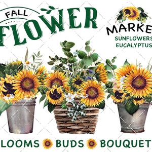 May include: Fall Flower Market sign with sunflowers, eucalyptus, and blooms in buckets and a basket. The sign says "Fall Flower Market" with the words "Sunflowers" and "Eucalyptus" underneath.