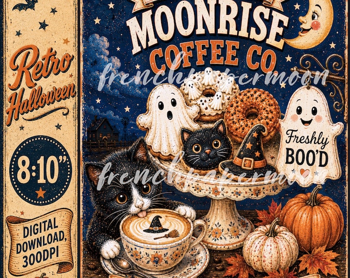 Retro Halloween Ghost Coffee Sign Printable, Spooky Kitchen  Wall Decor, DIY Sign, Digital Download