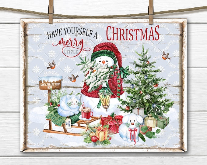 Christmas Snowman Family, Snow Animals, Snow Dog, Snow Cat, Sled, Cute Xmas Sign, Digital Print, Wreath Accent, Home Decor, Xmas Crafts