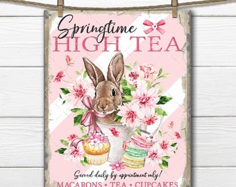 Cute Spring High Tea DIY Sign, Bunny in a Cup, Flower Bunny, Macarons, Cupcake, Teatime, Fabric Transfer, Tiered Tray Decor, Digital, UPrint