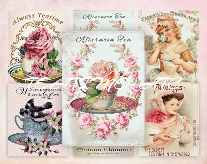Digital Shabby Teacups with Roses, Tea, Teatime Digital Collage Sheet ATC, Shabby Chic Vintage Tea, Printable Download Scrapbooking