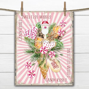 May include: A pink and white striped background with a watercolor illustration of a Christmas-themed candy cane bouquet. The bouquet includes candy canes, a Santa figure, pinecones, and orange slices. The text "Sweetest Wishes" and "Candy Kisses" is written on the image.