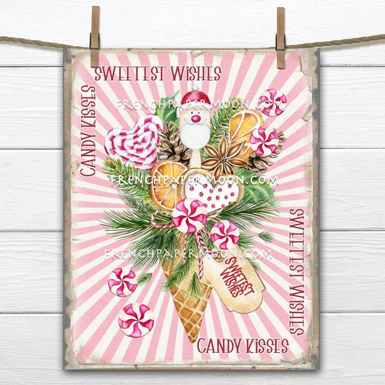 May include: A pink and white striped background with a watercolor illustration of a Christmas-themed candy cane bouquet. The bouquet includes candy canes, a Santa figure, pinecones, and orange slices. The text "Sweetest Wishes" and "Candy Kisses" is written on the image.