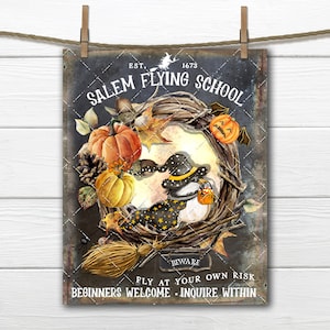 Salem Flying Lessons Cute Halloween Pumpkins Broomstick DIY Fall Sign, Halloween Party Printable, Fabric Transfer, Digital Art Print, Wreath