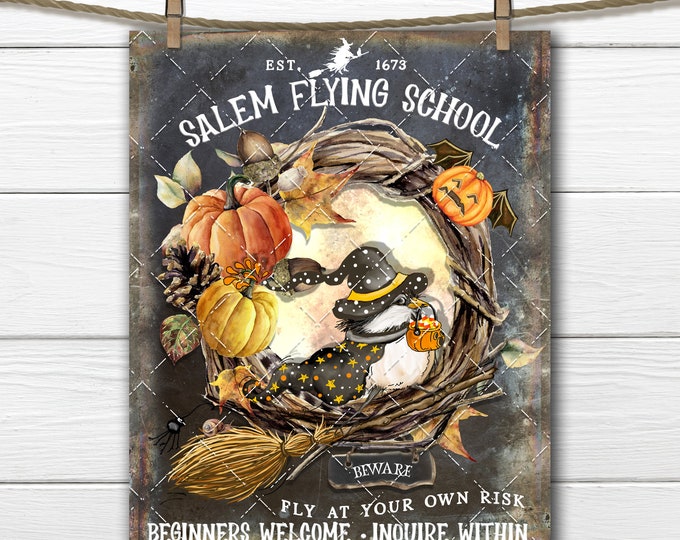 Salem Flying Lessons Cute Halloween Pumpkins Broomstick DIY Fall Sign, Halloween Party Printable, Fabric Transfer, Digital Art Print, Wreath