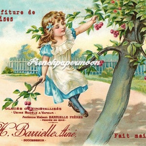 vintage Français Digital Cherry Girl, Cueillette de cerises, Ferme, Français Pillow Image Graphic Transfer, Grande Taille