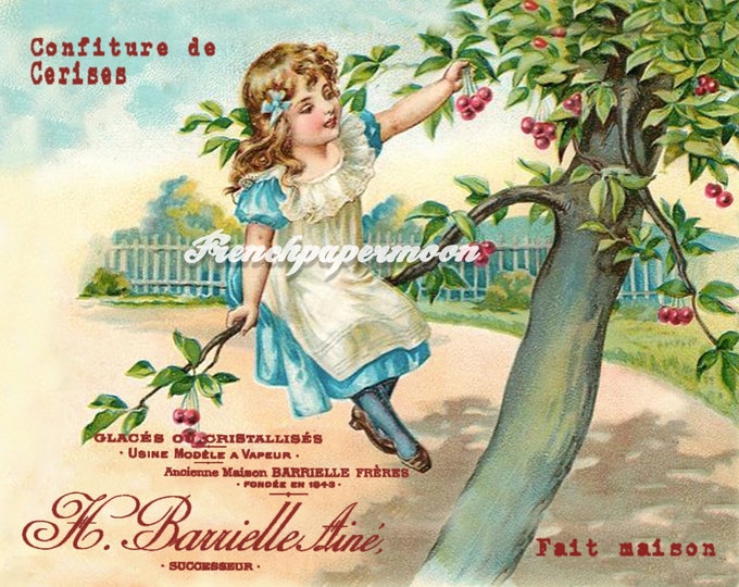 Vintage French Digital Cherry Girl, Picking Cherries, Farmhouse, French Pillow Image Graphic Transfer, Large Size