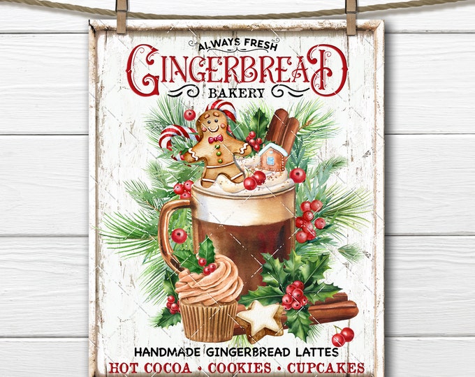 Gingerbread Bakery DIY Christmas Sign, Winter Drink Cupcake Cocoa Holly Festive Xmas Digital Print Fabric Transfer Tiered tray Decor Wreath