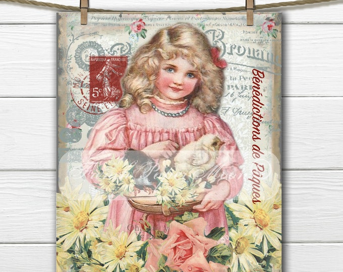 Shabby Digital Victorian Easter, Victorian Girl and Chicks, French Graphics, Roses, Easter Pillow Image Transfer