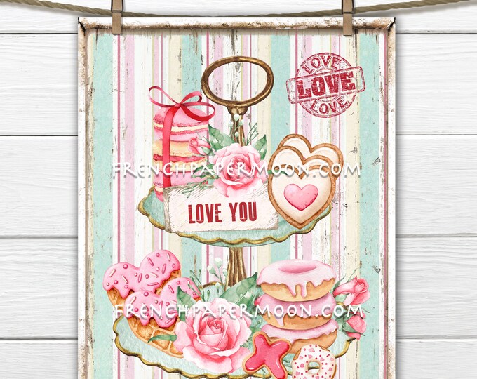 Love Tiered Tray, Confectionary, DIY Sign, Heart Cookies, Pink Donuts, Roses,Pillow Image, Fabric Transfer, Wreath Decor, Valentine, Mothers