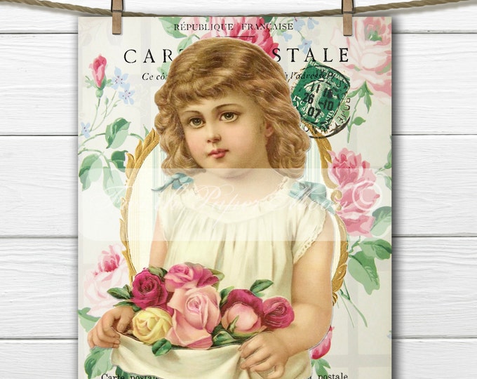 Shabby Chic Vintage Girl with Roses, Adorable Digital Victorian Girl, Digital Postcard with Roses, French Pillow Transfer Graphic Download