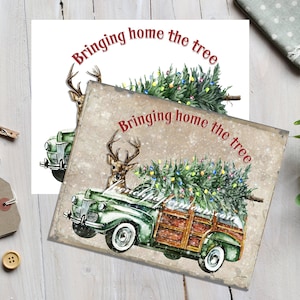 Vintage  Christmas Car Woody Wagon, Xmas Tree, Reindeer, Christmas Pillow, Christmas Transfer, Christmas Crafts, Christmas Digital
