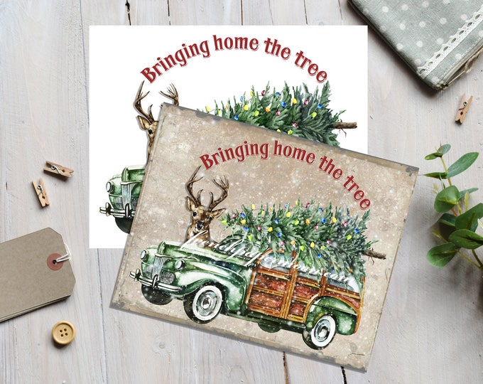 Vintage  Christmas Car Woody Wagon, Xmas Tree, Reindeer, Christmas Pillow, Christmas Transfer, Christmas Crafts, Christmas Digital