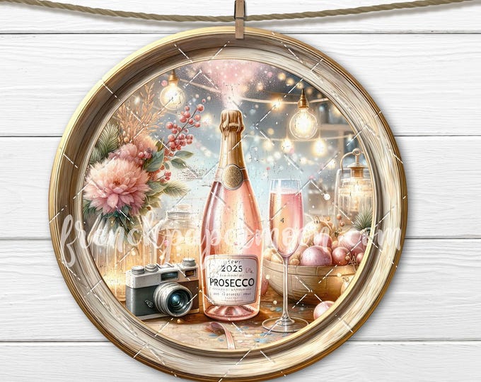 Pink Prosecco Rustic Farmhouse New Year Round Wreath Sign DIGITAL PNG New Year's Party Sublimation Home Decor Door Hanger Print Party Decor