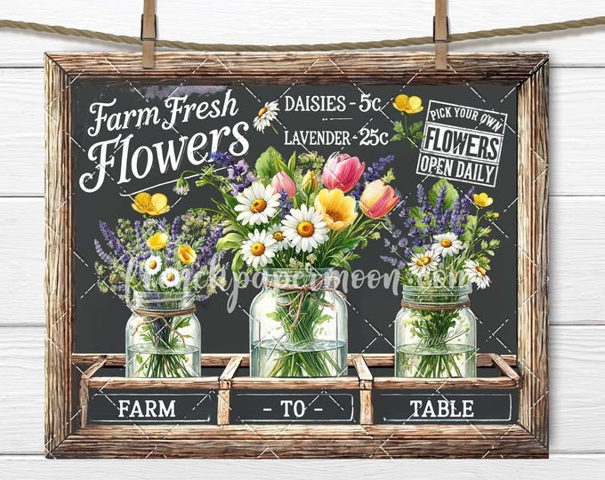 Farmhouse Mason Jar Flowers Chalkboard Sign, Spring Flowers, DIY Home Decor Digital Print, Sublimation, Tiered Tray Decor, Wall Decor, DIY
