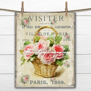 Cyfrowy Vintage Kosz Róż, Shabby French Roses, Francuska Poduszka, Scrapbooking Transfer Graficzny, Duży Obraz Do Pobrania