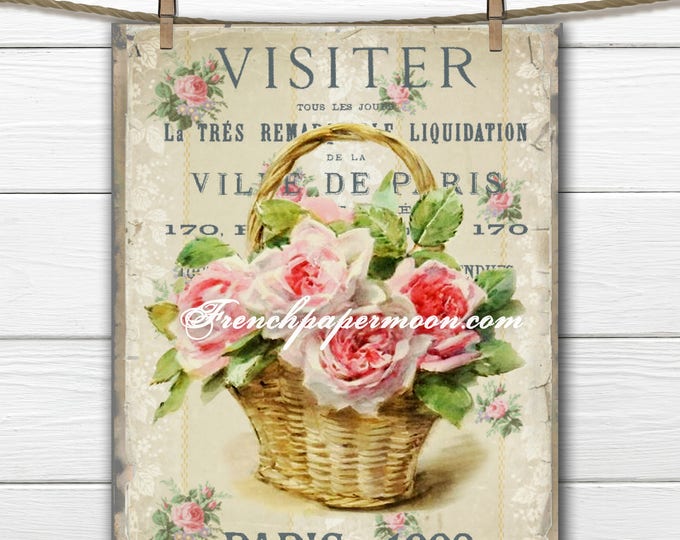 Digital Vintage Basket of roses, Shabby French Roses, French Pillow, Scrapbooking graphic Transfer, Large Image Download