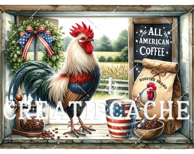 4th of July Farm Fresh Coffee Sublimation PNG, Patriotic Rooster Rustic Country Style Cutting Board DIY Sign Print, CU Commercial Use