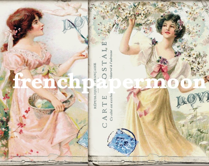 Victorian Girl, Set of 2, Vintage Spring Ladies, Instant Download, Pillow Images, Craft Supply, Graphic Transfer