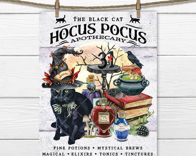 Halloween Black Cat Apothecary Hocus Pocus Magic Spells Cauldron, Digital Print, Halloween Decor DIY Sign, Fabric Transfer, Wreath Accent