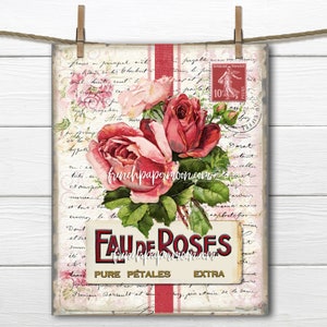 French Perfume Graphic, Shabby French Rose Printable, Vintage Roses, Rose Pillow Image, Digital Image Transfer, Decoupage, Transparent