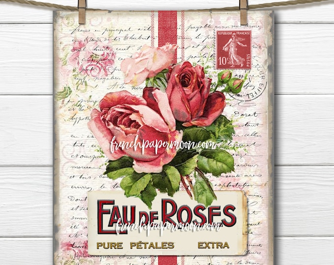 French Perfume Graphic, Shabby French Rose Printable, Vintage Roses, Rose Pillow Image, Digital Image Transfer, Decoupage, Transparent