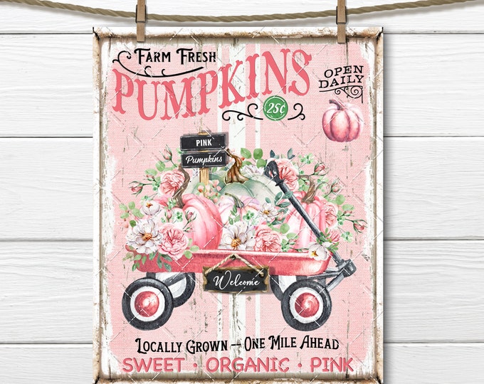 Pink Farmhouse Pumpkins, Shabby Rustic Pumpkin Roses, Wagon Cart, Pastel Autumn, Pumpkin Farm, DIY Fall Sign, Digital Print, Fabric Transfer