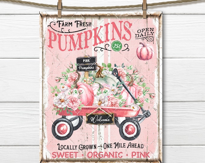 Pink Farmhouse Pumpkins, Shabby Rustic Pumpkin Roses, Wagon Cart, Pastel Autumn, Pumpkin Farm, DIY Fall Sign, Digital Print, Fabric Transfer