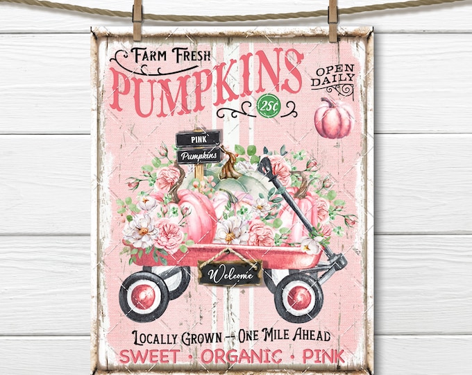 Pink Farmhouse Pumpkins, Shabby Rustic Pumpkin Roses, Wagon Cart, Pastel Autumn, Pumpkin Farm, DIY Fall Sign, Digital Print, Fabric Transfer