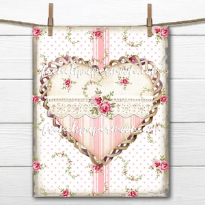 Shabby bloemenhart, kanten hart grafisch, rozenhart, afdrukbare kussenafbeelding, Moederdag DIY, roze rozen, strepen, sublimatie, transparant