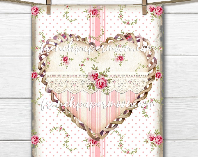 Shabby Floral Heart, Lace Heart Graphic, Rose Heart, Printable Pillow Image, Mother's Day DIY, Pink Roses, Stripes, Sublimation, Transparent