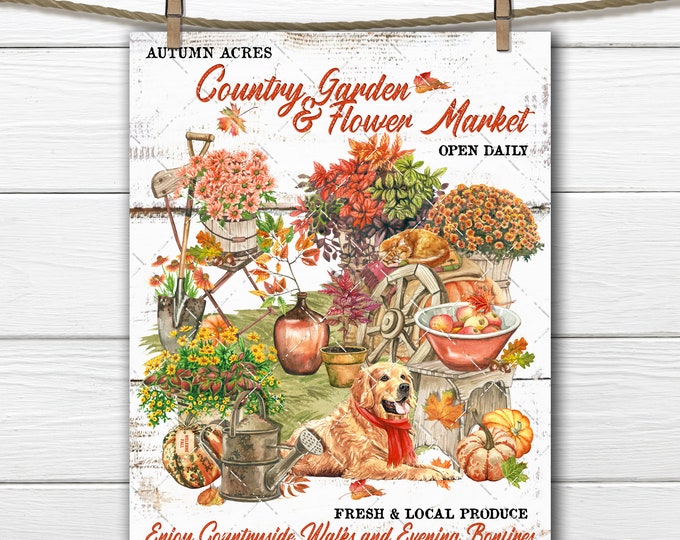 Autumn Country Garden Flower Market Pumpkins, Digital Art Print, Fabric Transfer, DIY Fall Sign, Wreath Accent, Digital Image, Home Decor