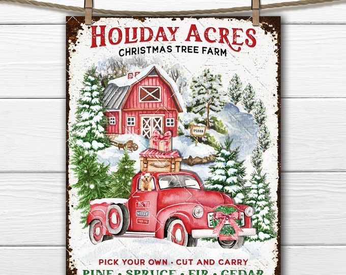 Christmas Tree Farm Red Truck Dog Xmas Farmhouse Conifers Barn Pickup  DIY Digital Xmas Sign Tiered Tray Decor Fabric Transfer Wreath Accent