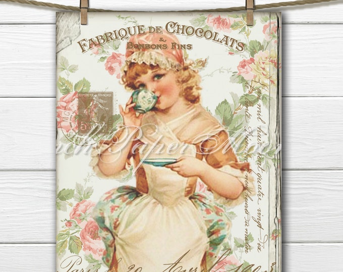 Shabby Victorian Girl, Vintage Tea Digital, French graphics, Teatime Digital Art, Instant Download, French Pillow Transfer