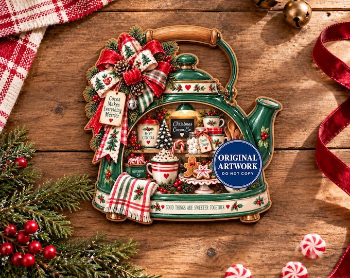 Christmas Cocoa Kettle PNG, Retro Farmhouse Decor Tiered Tray Sign, 10x10 Digital Download Holiday Sign