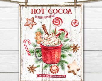 Hot Chocolate Christmas Sign Digital, Christmas Cookies, Red Mug, Winter Drinks, DIY Xmas Plaque, Pillow Image, Xmas Wall Decor, Transparent