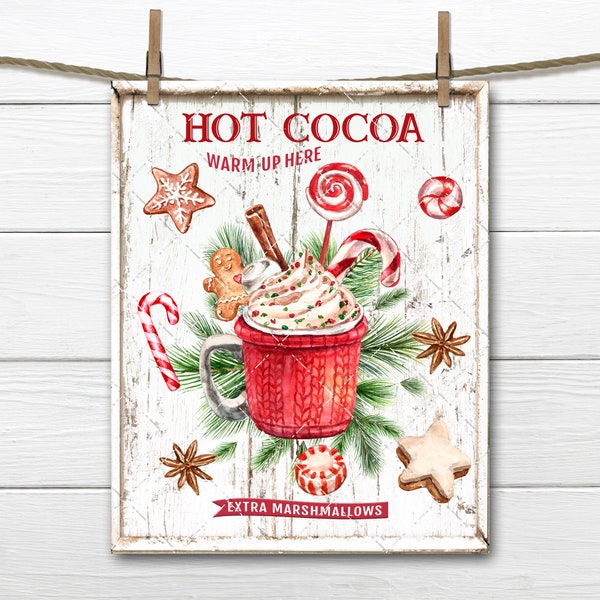 Hot Chocolate Christmas Sign Digital, Christmas Cookies, Red Mug, Winter Drinks, DIY Xmas Plaque, Pillow Image, Xmas Wall Decor, Transparent