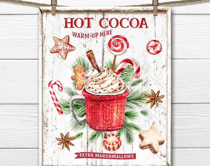 Hot Chocolate Christmas Sign Digital, Christmas Cookies, Red Mug, Winter Drinks, DIY Xmas Plaque, Pillow Image, Xmas Wall Decor, Transparent