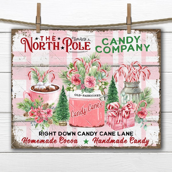 North Pole Candy Cane Company Pink Christmas Cocoa Sweets Confectionary DIY Sign Making Digital Print Fabric Transfer Xmas Decor Accent PNG