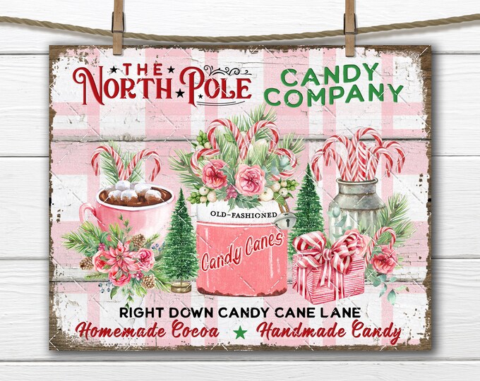 North Pole Candy Cane Company Pink Christmas Cocoa Sweets Confectionary DIY Sign Making Digital Print Fabric Transfer Xmas Decor Accent PNG