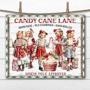 Candy Cane Lane Retro Xmas Girls Old Fashioned Christmas Candy Jars DIY Sign Making Fabric Transfer Tiered Tray Decor Digital Wreath Accent